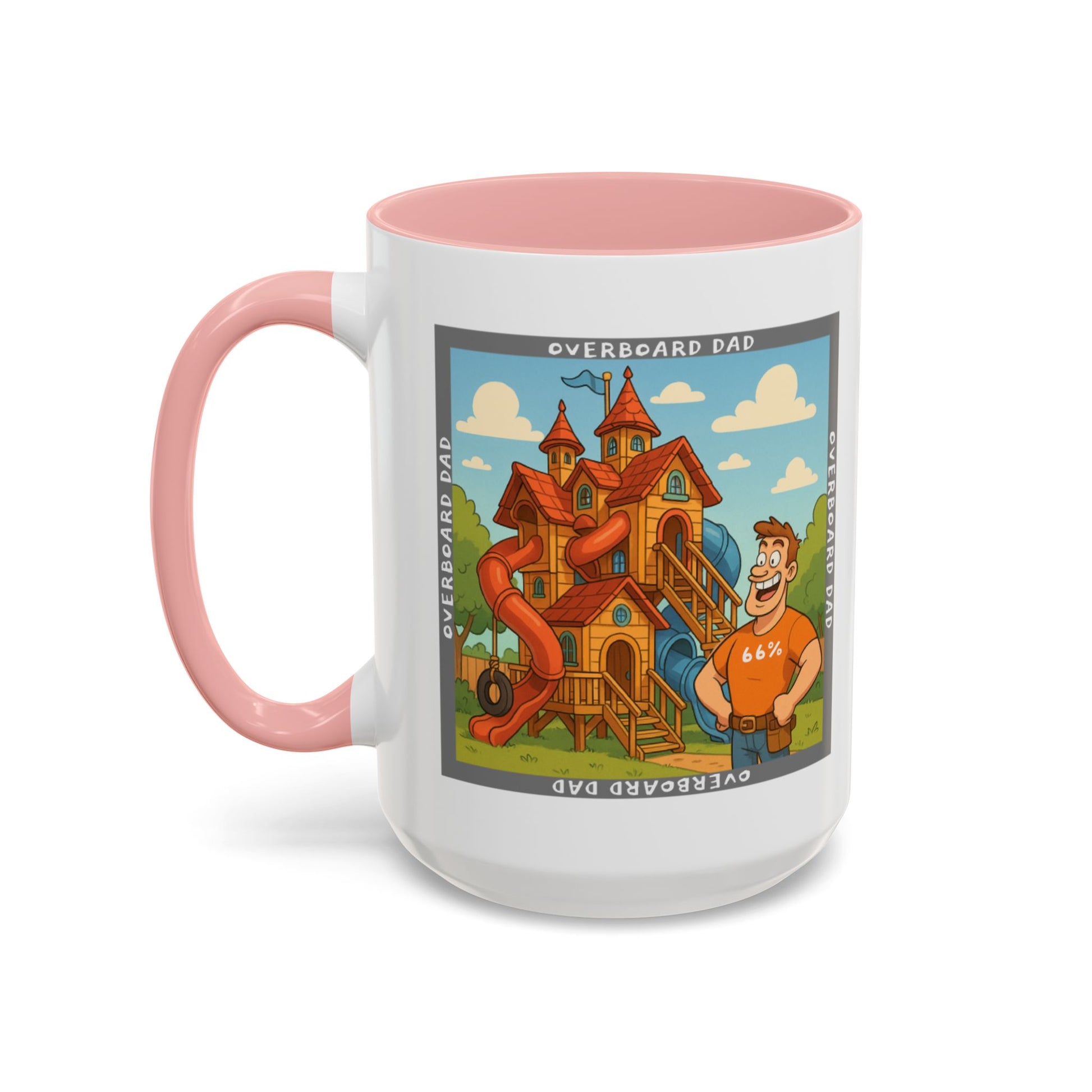 White ceramic mug printed with a cartoon dad wearing a ‘66%’ shirt standing beside a multi-level wooden playhouse with twisting slides, framed by the text ‘OVERBOARD DAD’.