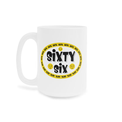 Graphic mug showing ‘Sixty Six’ in bold black type surrounded by a yellow border of small ‘66%’ repeats, with 2 cheerful emoji faces and 1 sad face.