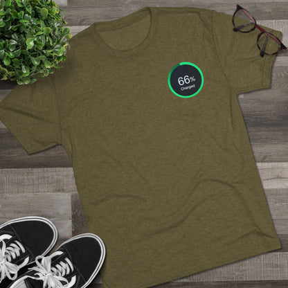 Retro 66% Charged Tri-Blend Tee, showing a vibrant green circular battery gauge reading “66% Charged” 