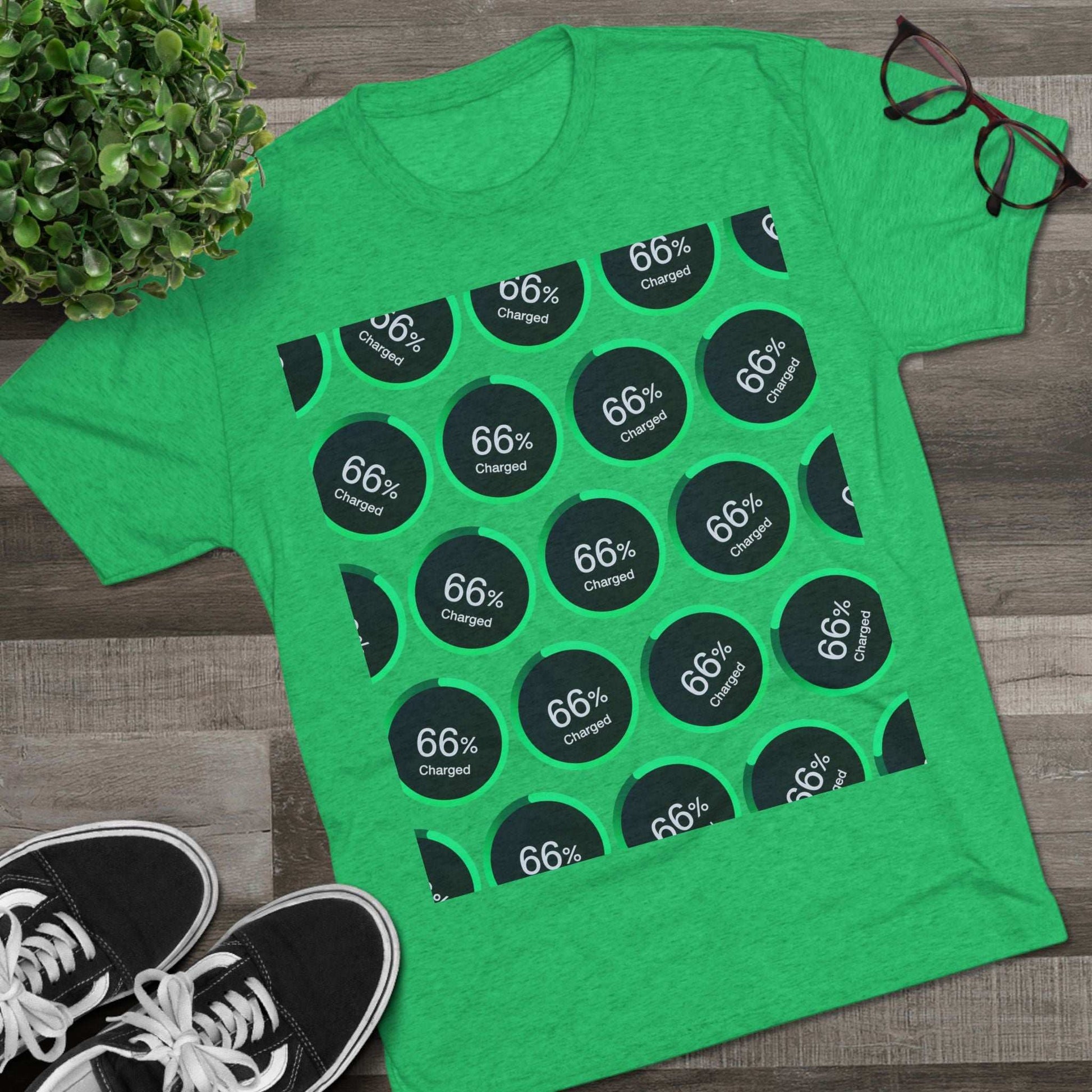 Retro 66% Charged Pattern Tee — tri-blend shirt, flat-lay battery gauge pattern, repeat “66% Charged” graphic, casual unisex style.