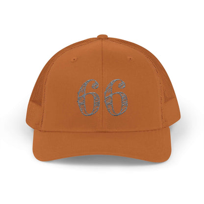Mesh-back trucker hat with distressed ‘66’ printed on the front panel