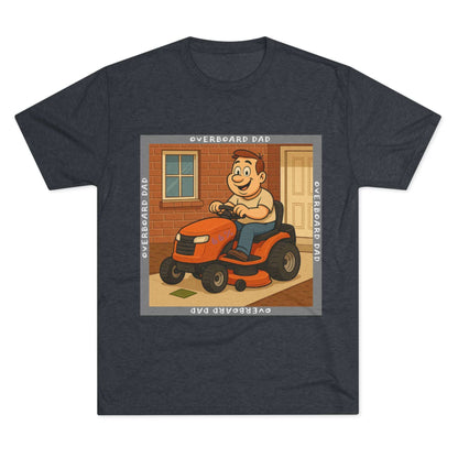 Overboard Dad Mower 66% Tri-Blend Tee — graphic tee, flat-lay with cartoon dad on ride-on mower, gray ‘OVERBOARD DAD’ square border, 66% decal, casual vintage style.