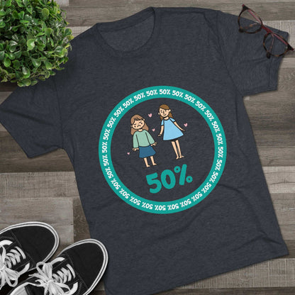 Original Girl Girl 50% Tri-Blend Tee — graphic t-shirt flat-lay, cartoon siblings inside teal 50% circle, repeating 50% pattern, bold 50% text, casual unisex style.