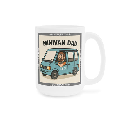 Novelty Minivan Dad coffee mug: white ceramic cup printed with a cheerful father behind the wheel of his minivan and repeating ‘Minivan Dad’ border text.