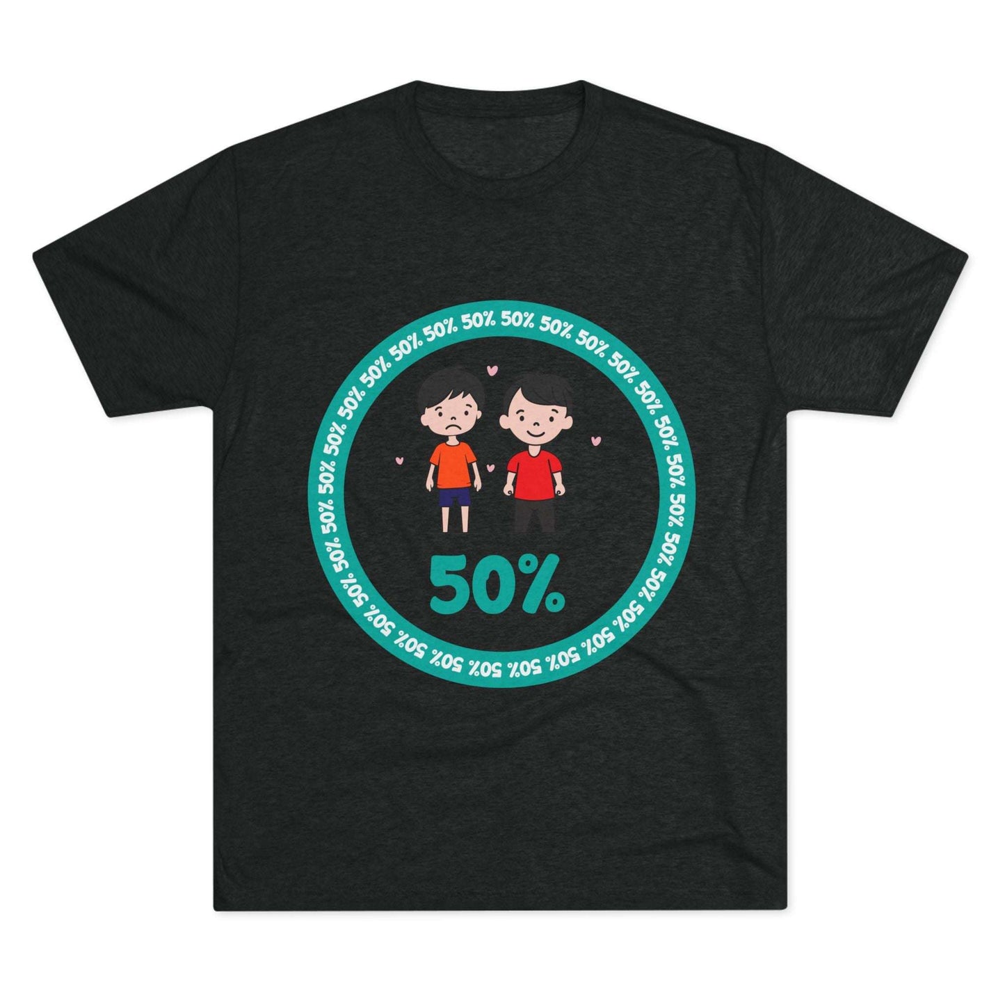 Original Boy Boy 50% Tri-Blend Tee — graphic t-shirt flat-lay, cartoon siblings inside teal 50% circle, repeating 50% pattern, bold 50% text, casual unisex style.