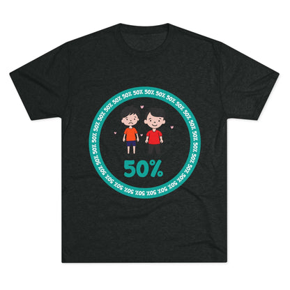 Original Boy Boy 50% Tri-Blend Tee — graphic t-shirt flat-lay, cartoon siblings inside teal 50% circle, repeating 50% pattern, bold 50% text, casual unisex style.