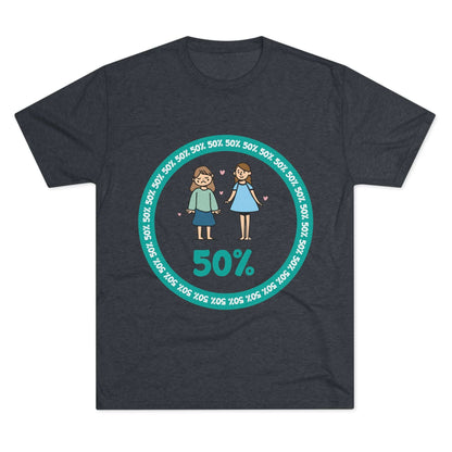 Original Girl Girl 50% Tri-Blend Tee — graphic t-shirt flat-lay, cartoon siblings inside teal 50% circle, repeating 50% pattern, bold 50% text, casual unisex style.