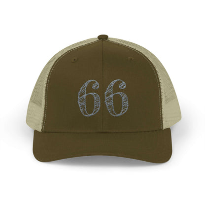 Mesh-back trucker hat with distressed ‘66’ printed on the front panel