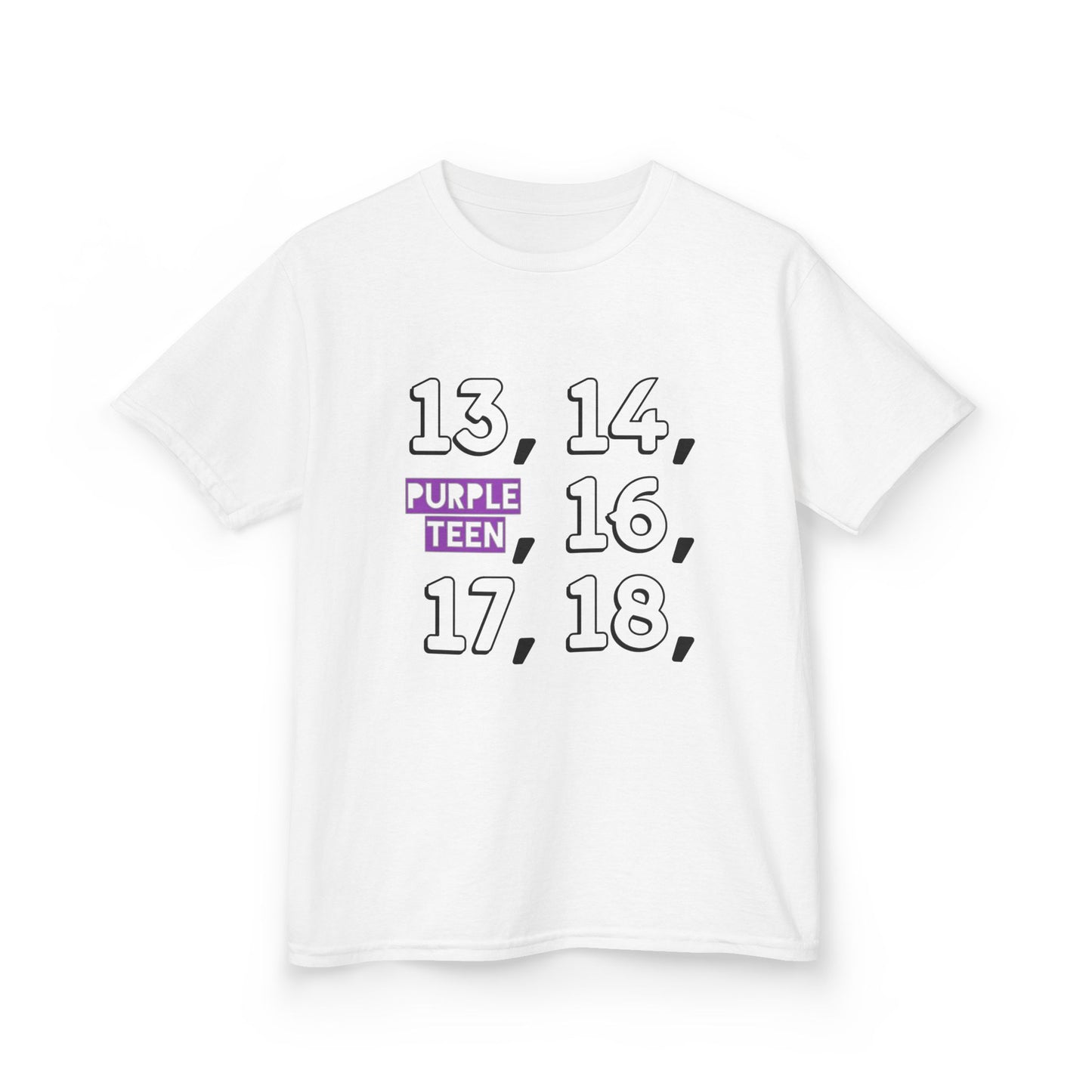 White t-shirt with black text on a white background