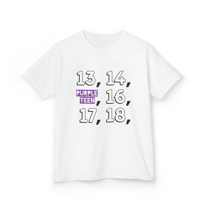 White t-shirt with black text on a white background