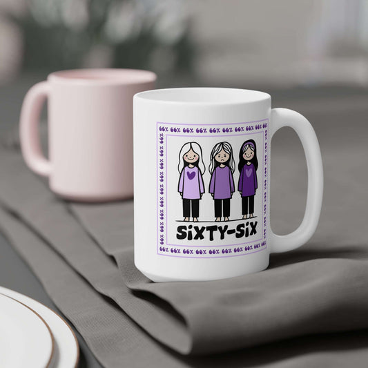 Coffee mug printed with a purple-bordered illustration: three girls in matching purple tops (one looking unhappy), encircled by ‘66%’ text, and the caption ‘SIXTY-SIX’ underneath.