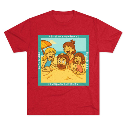 “Beach Dad Buried 66% Tri-Blend Tee — graphic tee flat-lay, cartoon dad sand-buried under umbrella, three kids playing, teal ‘sand everywhere!’ square border, ‘beach dad’ text, unisex casual style.