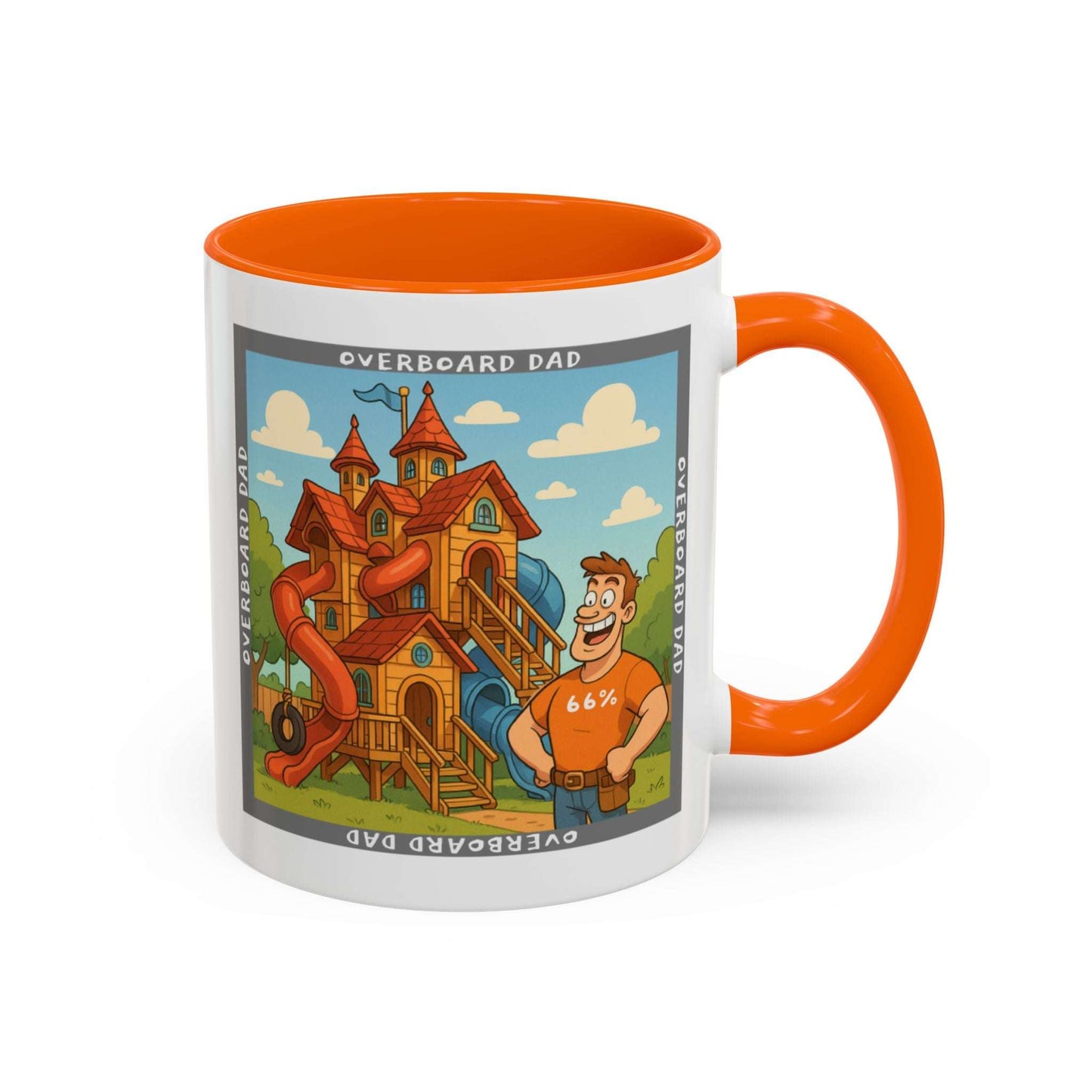 White ceramic mug printed with a cartoon dad wearing a ‘66%’ shirt standing beside a multi-level wooden playhouse with twisting slides, framed by the text ‘OVERBOARD DAD’.