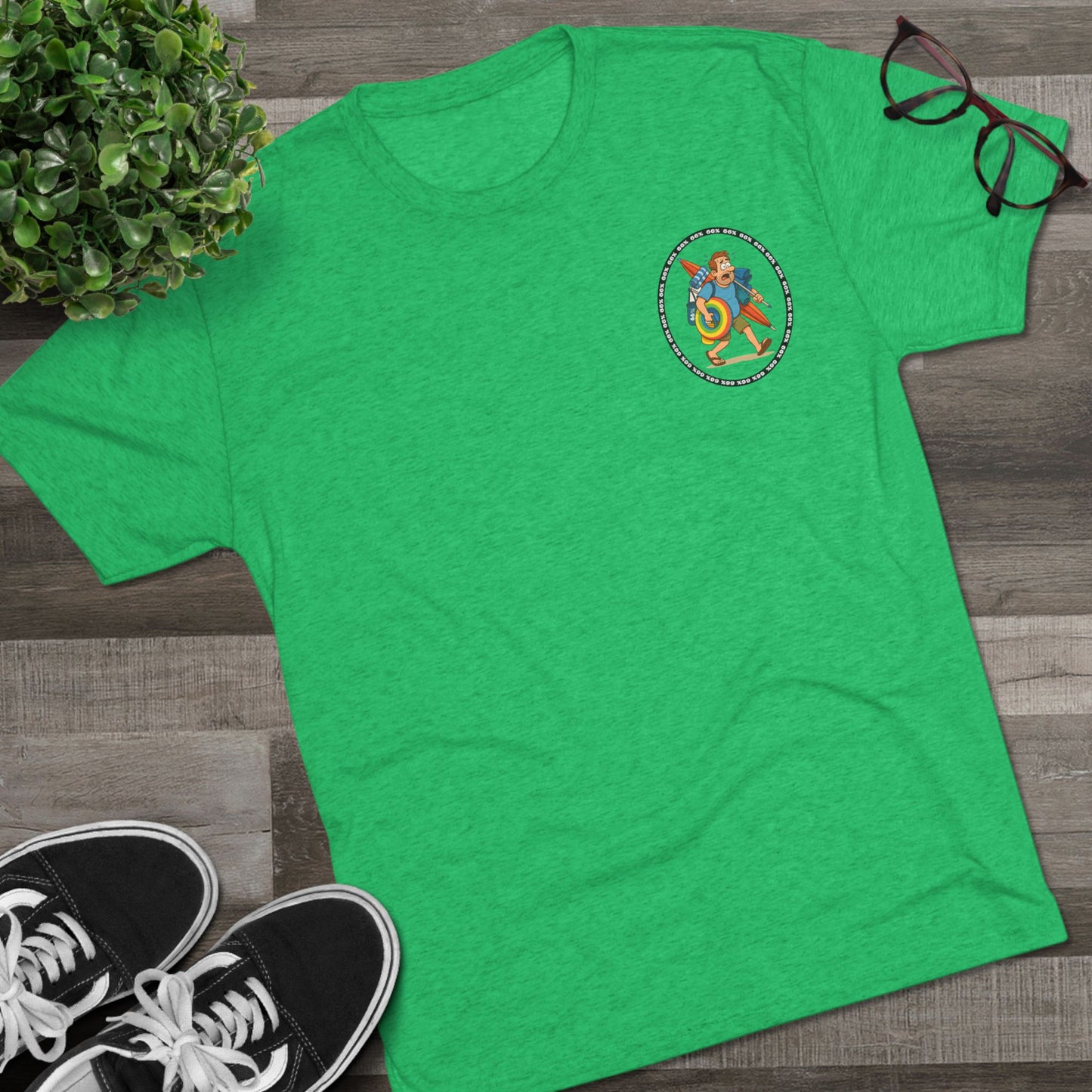 Tri-blend tee featuring large central circular graphic of overwhelmed ‘Beach Dad’ loaded down with chairs, umbrella, floatie and towels, with ‘66% beach dad’ ring