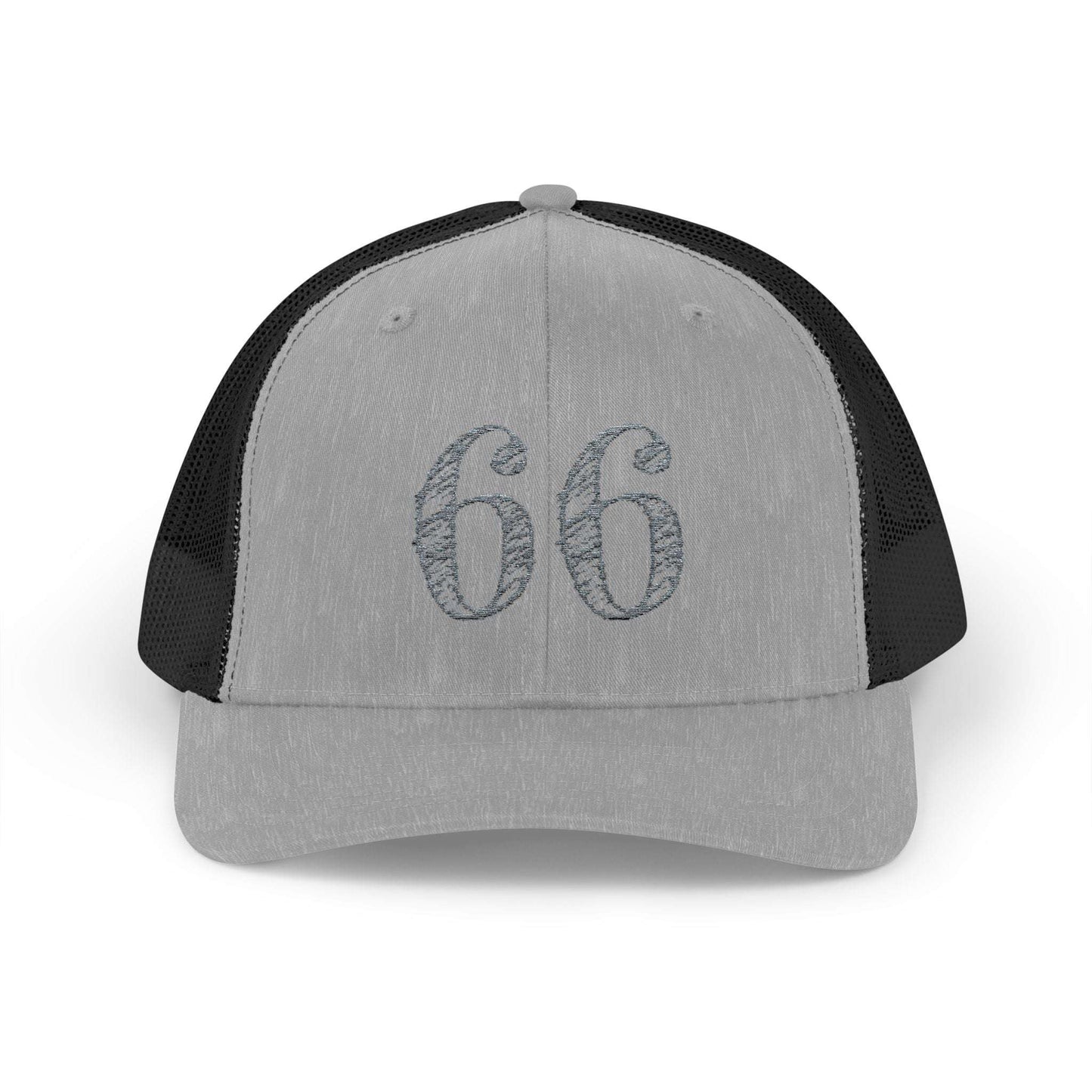 Mesh-back trucker hat with distressed ‘66’ printed on the front panel