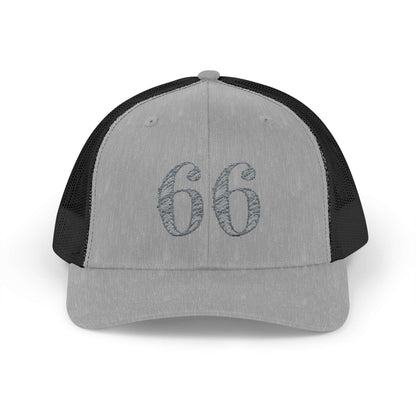 Mesh-back trucker hat with distressed ‘66’ printed on the front panel