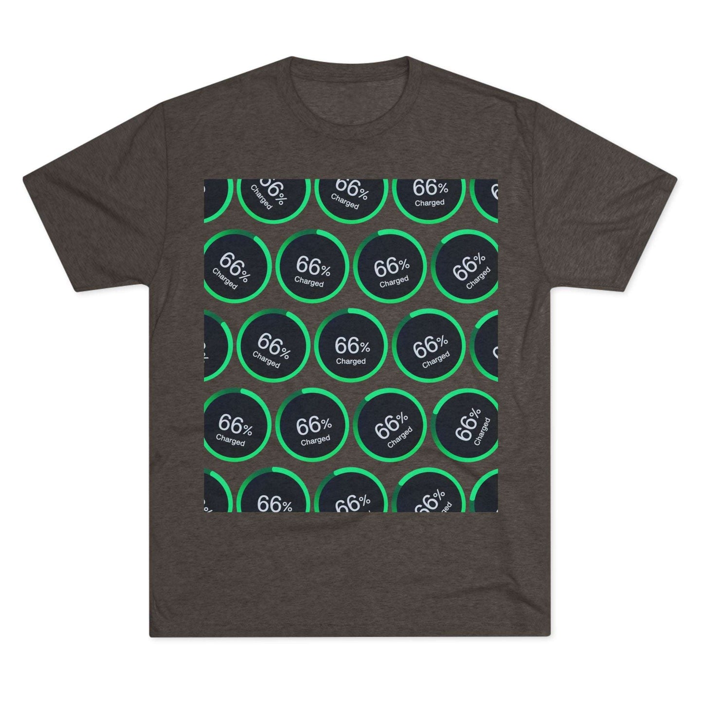 Retro 66% Charged Pattern Tee — tri-blend shirt, flat-lay battery gauge pattern, repeat “66% Charged” graphic, casual unisex style.