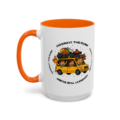 Cartoon yellow “66%” minivan mug decal with roof piled high in trash bags, lawnmower and beach ball, plus a smiling dad and two waving daughters amid confetti.