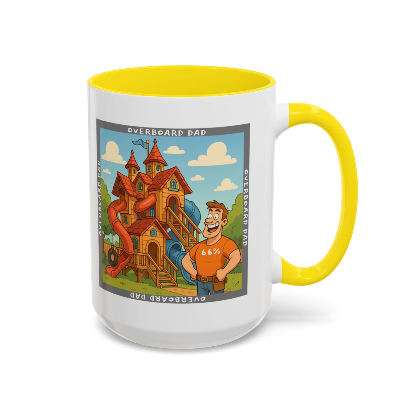 White ceramic mug printed with a cartoon dad wearing a ‘66%’ shirt standing beside a multi-level wooden playhouse with twisting slides, framed by the text ‘OVERBOARD DAD’.