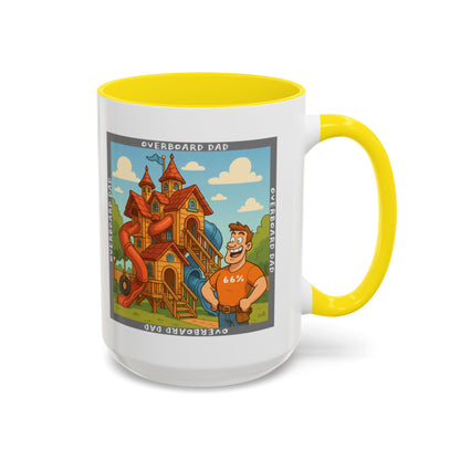 White ceramic mug printed with a cartoon dad wearing a ‘66%’ shirt standing beside a multi-level wooden playhouse with twisting slides, framed by the text ‘OVERBOARD DAD’.