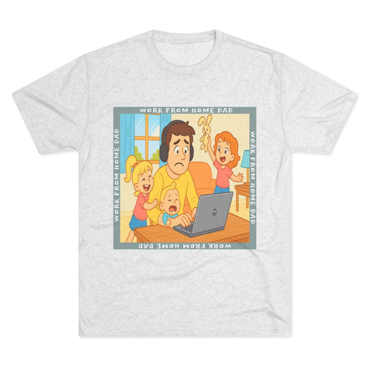 Work From Home Dad 66% Tri-Blend Tee — graphic tee flat-lay, cartoon dad with headphones typing on 66% laptop, three kids demanding attention, green WORK FROM HOME DAD square border, casual unisex style.