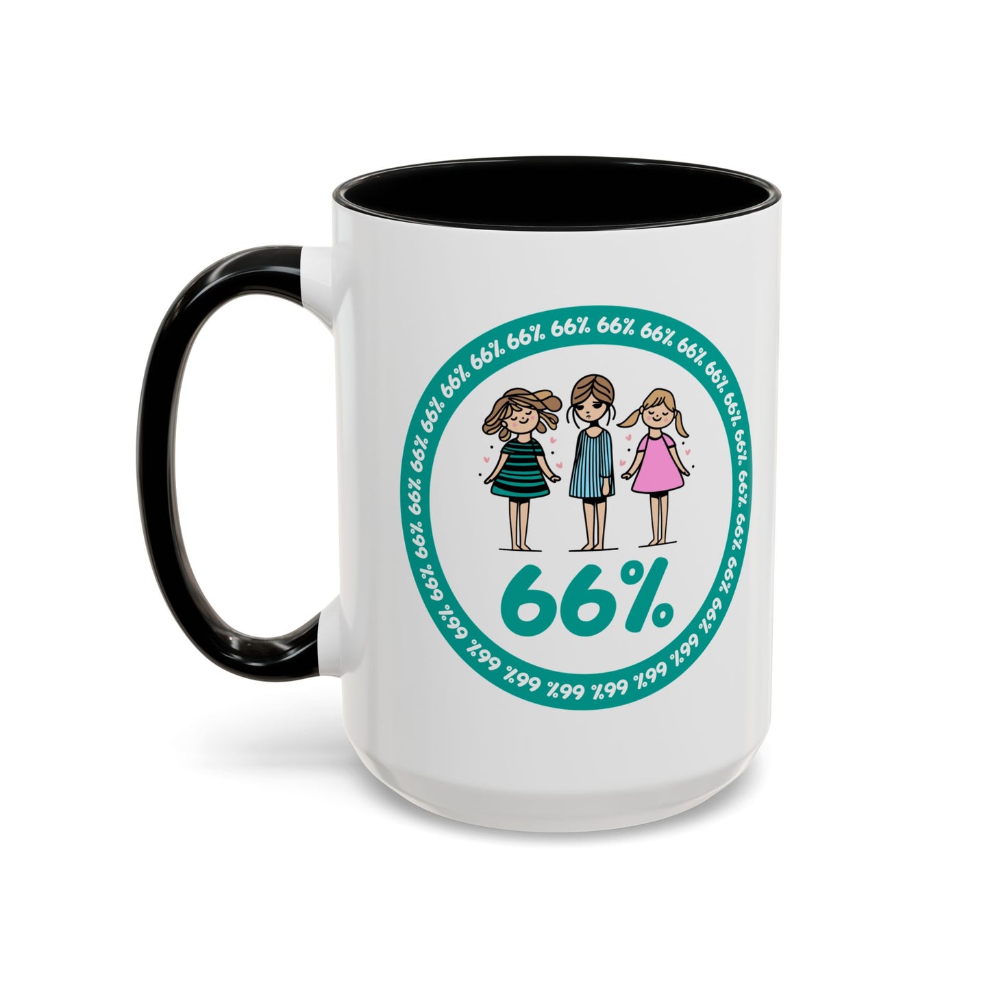 White 66% coffee mug with black handle, featuring three cute daughter illustrations in teal and pink—perfect gift for parents of three kids