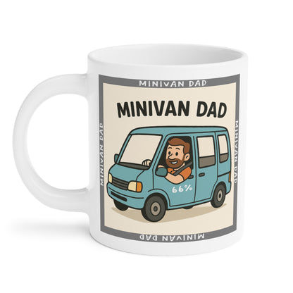Novelty Minivan Dad coffee mug: white ceramic cup printed with a cheerful father behind the wheel of his minivan and repeating ‘Minivan Dad’ border text.