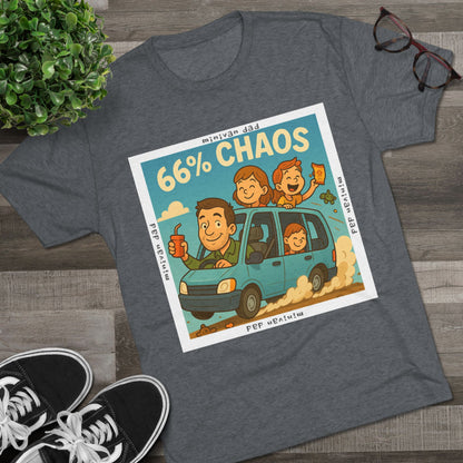 Cartoon dad driving minivan with three excited kids and snacks flying, “66% Chaos” design on dark heather tee – 66 Percent parenting apparel