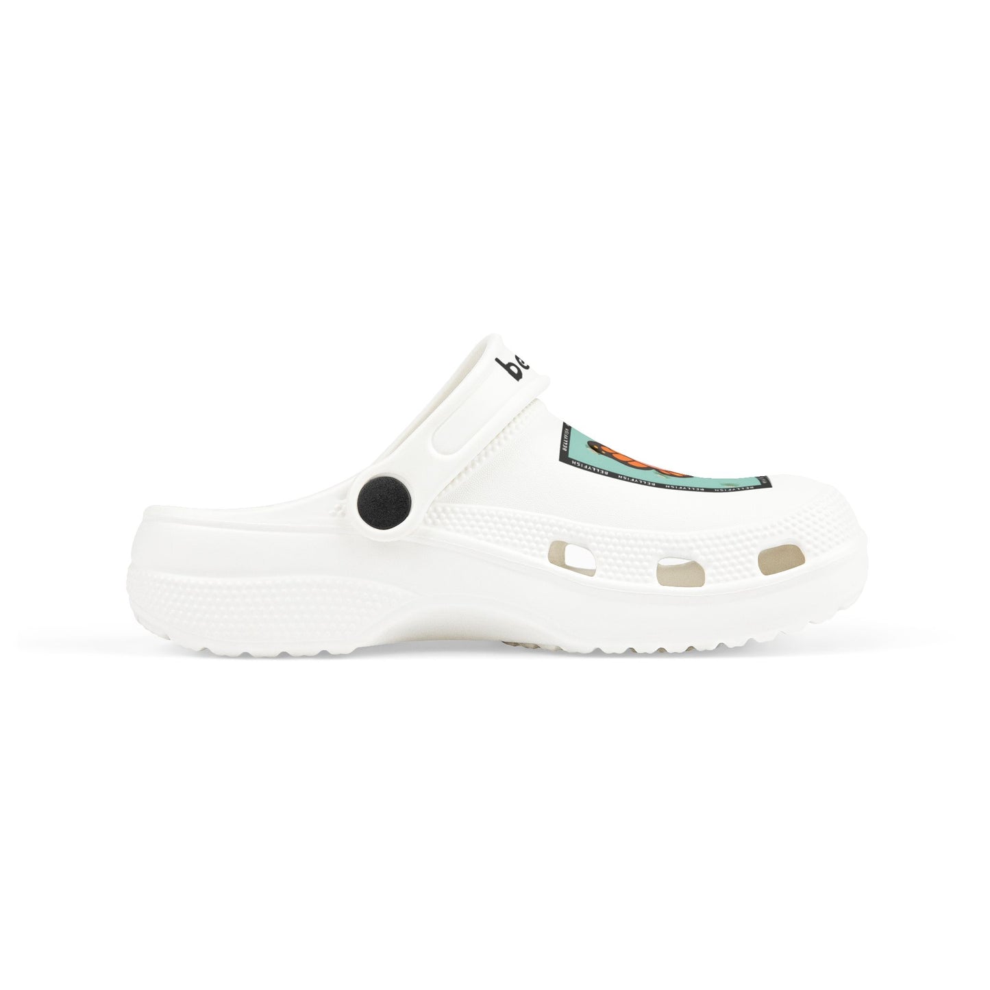 White slip-on clogs decorated with colorful Jibbitz: each shoe has a teal square graphic showing a cute jellyfish with butterfly wings and scattered gold dot accents, plus ‘Bellyfish’ branding on the straps