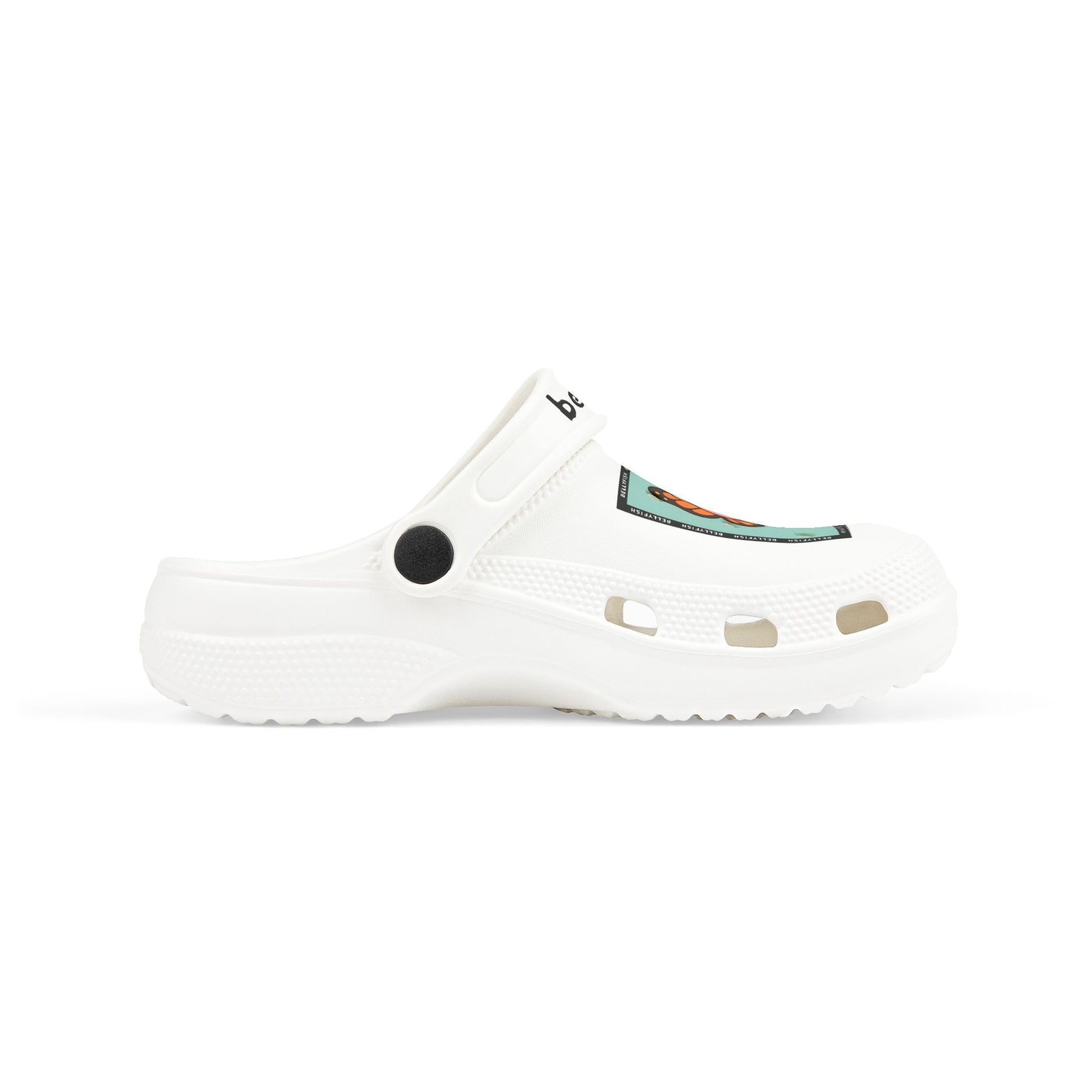 White slip-on clogs decorated with colorful Jibbitz: each shoe has a teal square graphic showing a cute jellyfish with butterfly wings and scattered gold dot accents, plus ‘Bellyfish’ branding on the straps
