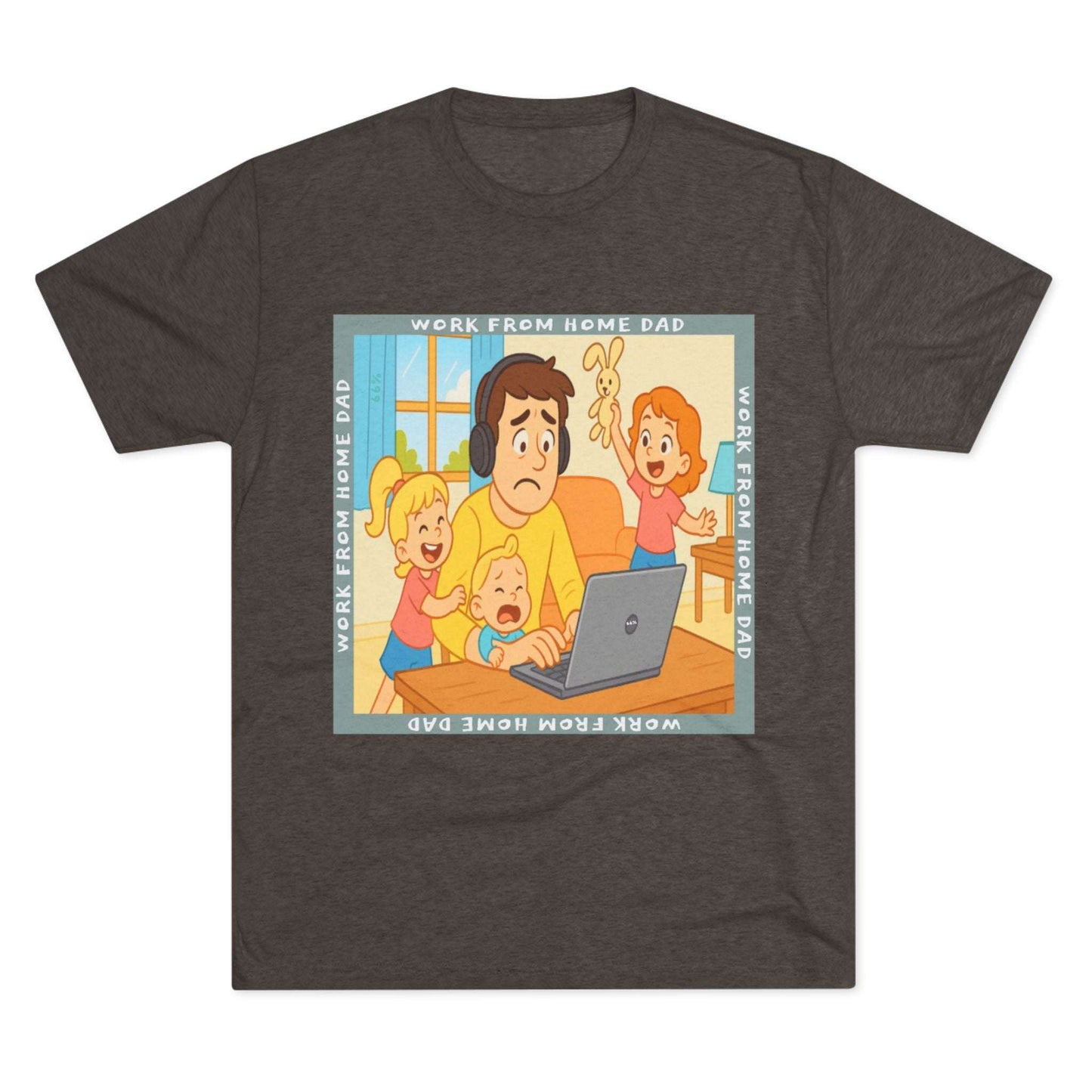 Work From Home Dad 66% Tri-Blend Tee — graphic tee flat-lay, cartoon dad with headphones typing on 66% laptop, three kids demanding attention, green WORK FROM HOME DAD square border, casual unisex style.