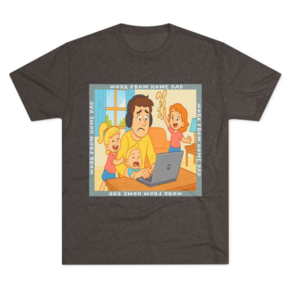 Work From Home Dad 66% Tri-Blend Tee — graphic tee flat-lay, cartoon dad with headphones typing on 66% laptop, three kids demanding attention, green WORK FROM HOME DAD square border, casual unisex style.