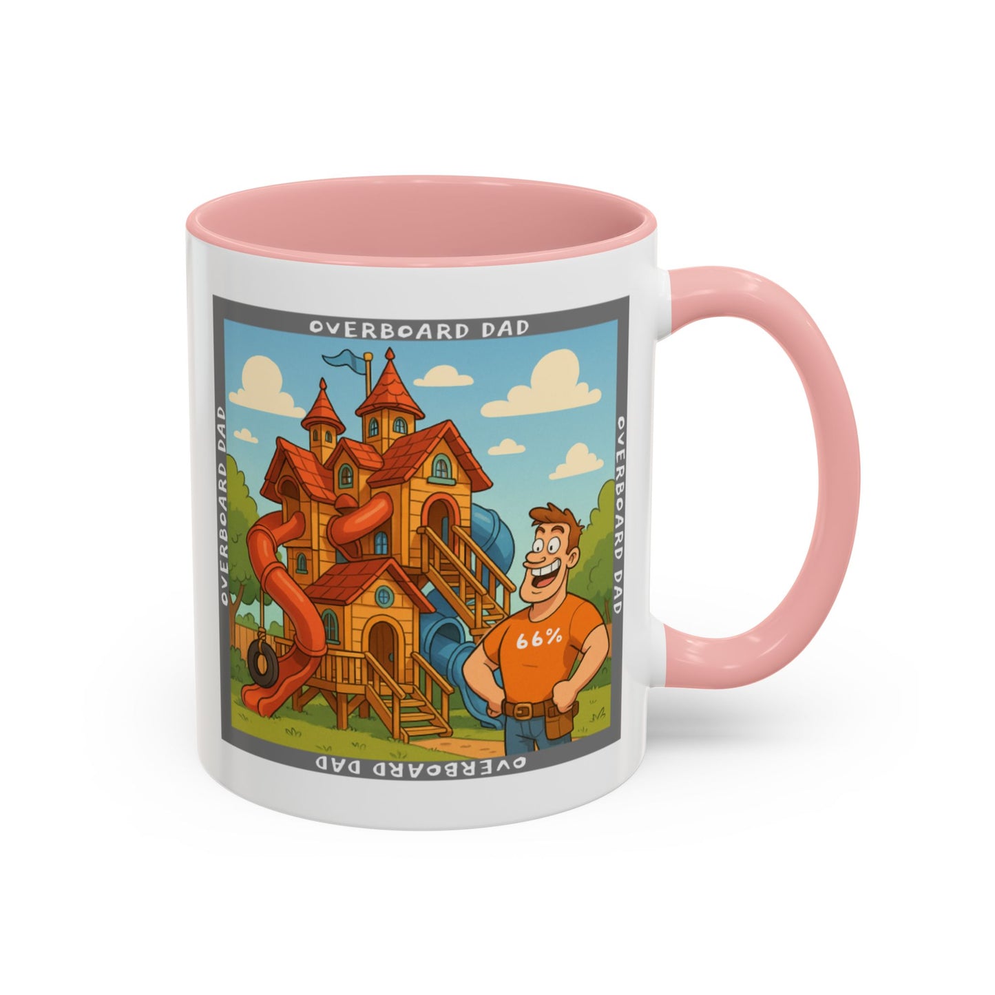 White ceramic mug printed with a cartoon dad wearing a ‘66%’ shirt standing beside a multi-level wooden playhouse with twisting slides, framed by the text ‘OVERBOARD DAD’.
