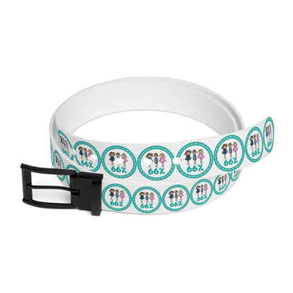 A white adjustable belt featuring a black buckle and a pattern of teal circles, each enclosing three stick-figure kids and the number ‘66%’.