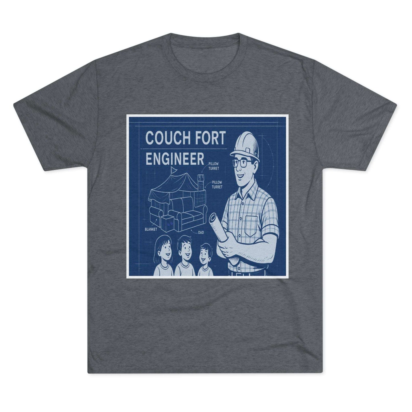 Couch Fort Engineer T-Shirt —Blueprint-style schematic of a couch fort with labeled pillows and blanket, plus a hard-hat dad holding plans.