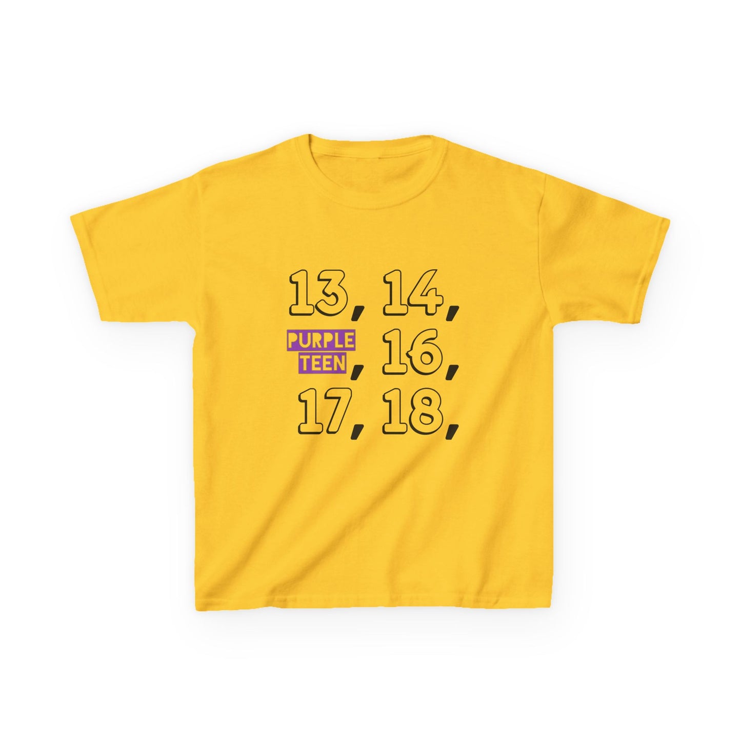 Yellow t-shirt with black and purple text on a white background