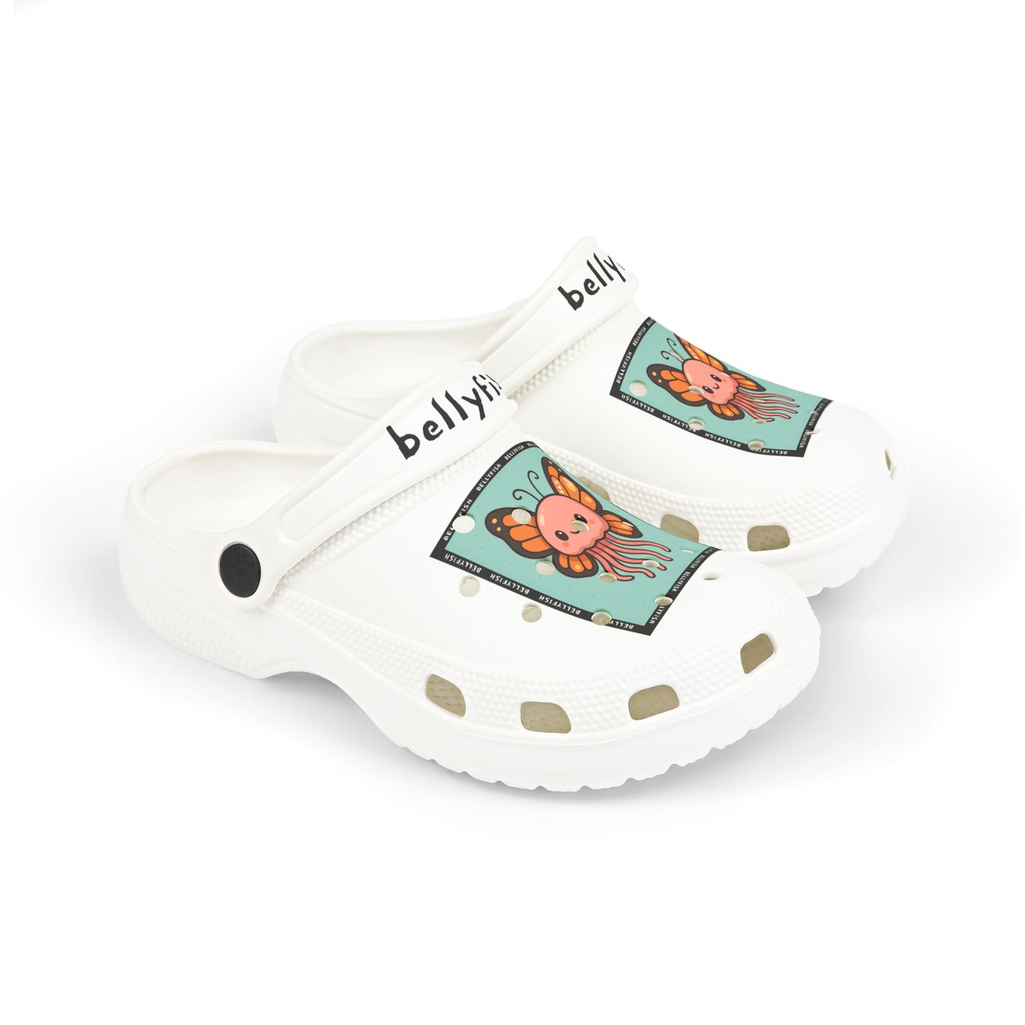 White slip-on clogs decorated with colorful Jibbitz: each shoe has a teal square graphic showing a cute jellyfish with butterfly wings and scattered gold dot accents, plus ‘Bellyfish’ branding on the straps