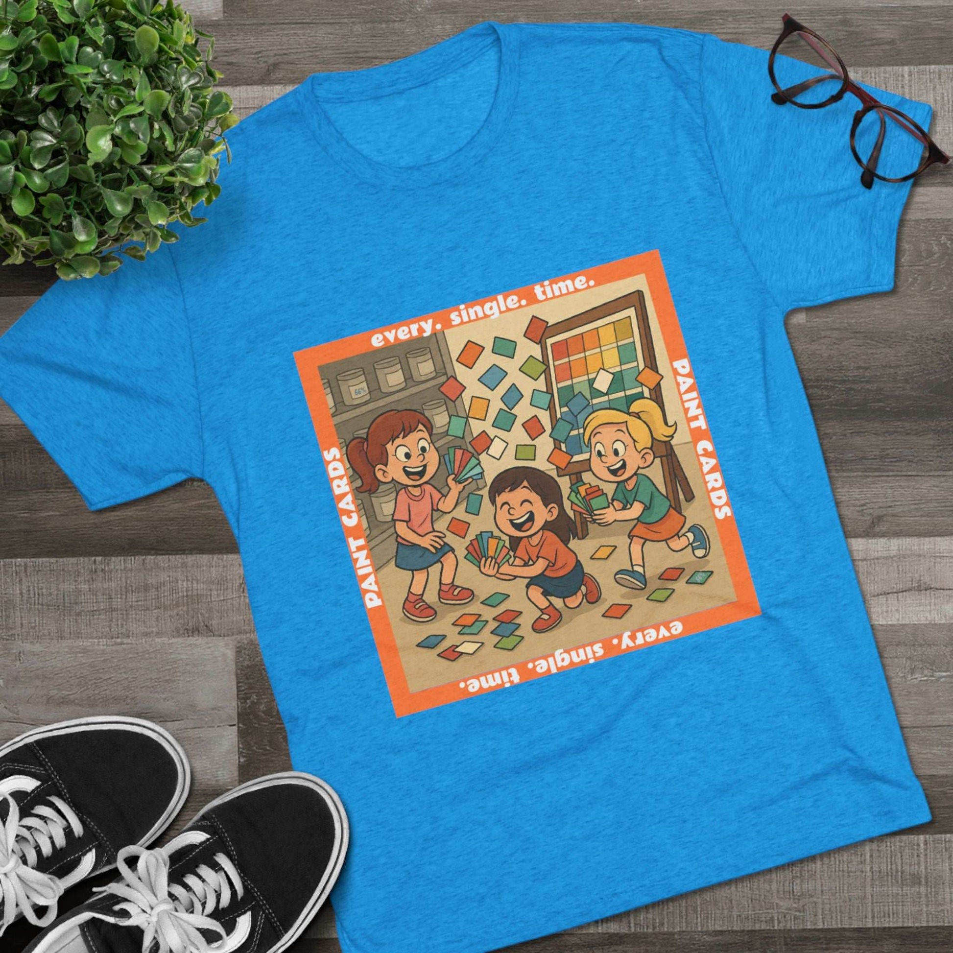 Paint Cards Every Single Time 66% Tri-Blend Tee — graphic t-shirt, flat-lay with cartoon kids and paint swatches, orange bordered square design, casual unisex style