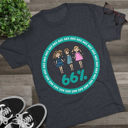 Flat-lay of tri-blend tee with three cartoon girls inside a teal 66% circle and repeating 66% border