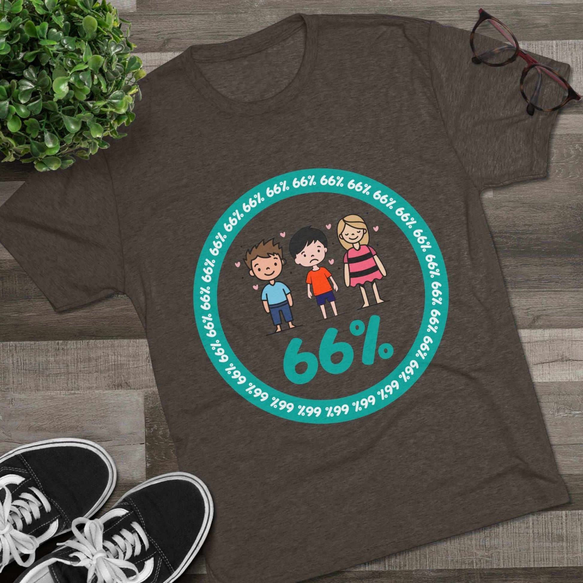 Flat-lay of tri-blend tee with two cartoon boys and one girl inside a teal 66% circle and repeating 66% border