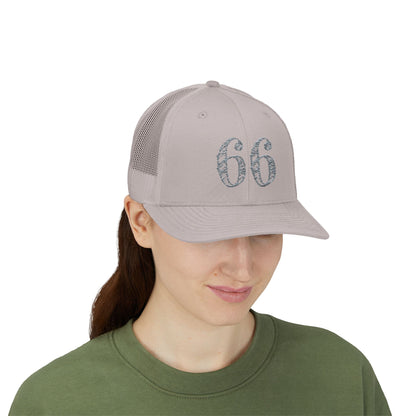 Mesh-back trucker hat with distressed ‘66’ printed on the front panel