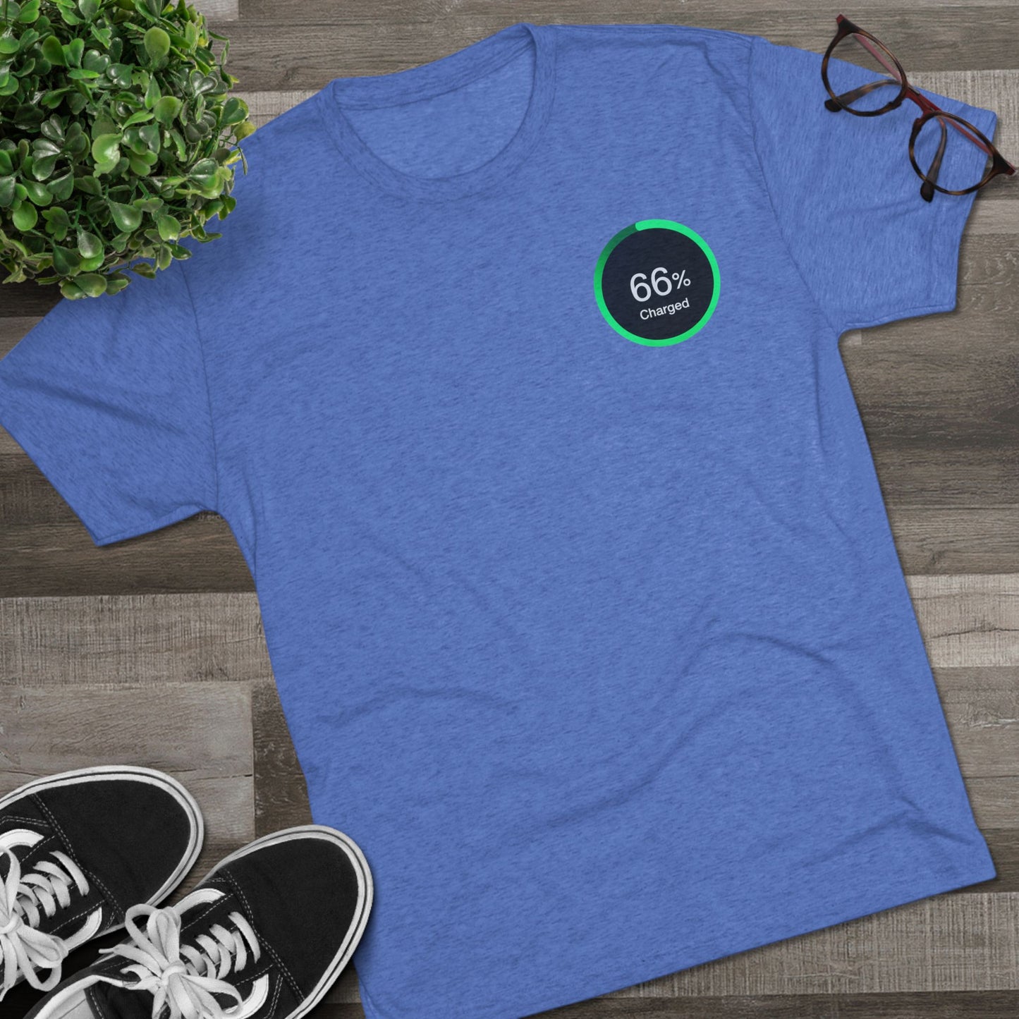 Retro 66% Charged Tri-Blend Tee, showing a vibrant green circular battery gauge reading “66% Charged” 