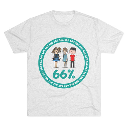 Flat-lay of tri-blend tee with two cartoon girls and one boy inside a teal 66% circle and repeating 66% border