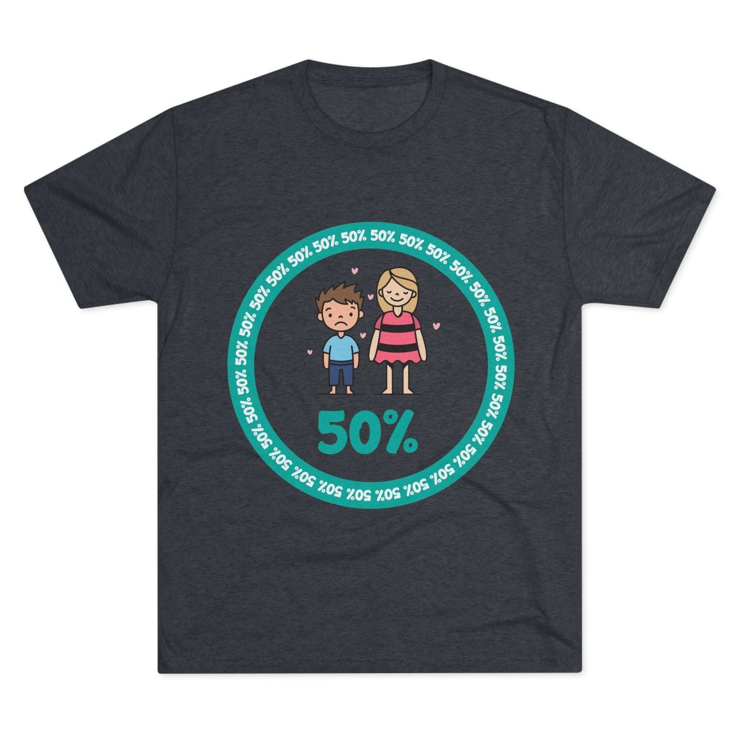 Original Boy Girl 50% Tri-Blend Tee — graphic t-shirt flat-lay, cartoon siblings inside teal 50% circle, repeating 50% pattern, bold 50% text, casual unisex style.