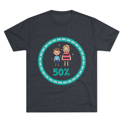 Original Boy Girl 50% Tri-Blend Tee — graphic t-shirt flat-lay, cartoon siblings inside teal 50% circle, repeating 50% pattern, bold 50% text, casual unisex style.