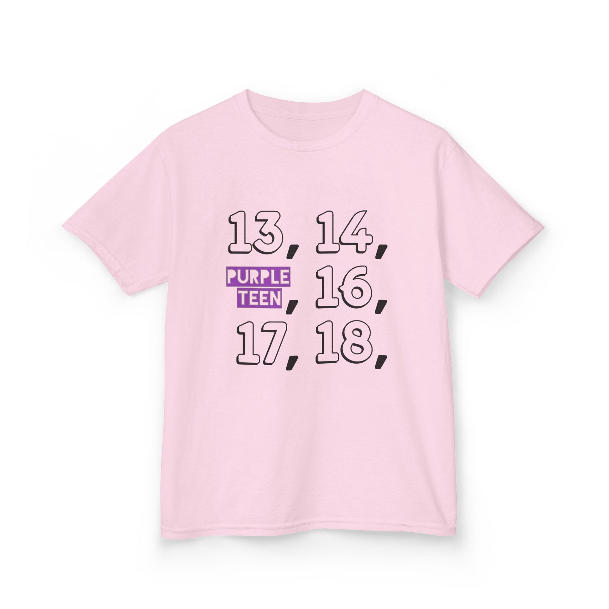 Pink t-shirt with numbers printed on a white background