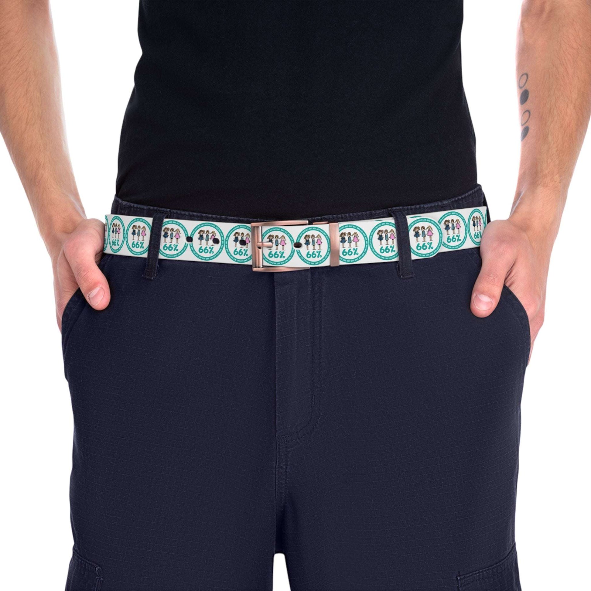 A white adjustable belt featuring a bronze buckle and a pattern of teal circles, each enclosing three stick-figure kids and the number ‘66%’.
