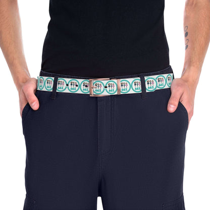 A white adjustable belt featuring a bronze buckle and a pattern of teal circles, each enclosing three stick-figure kids and the number ‘66%’.
