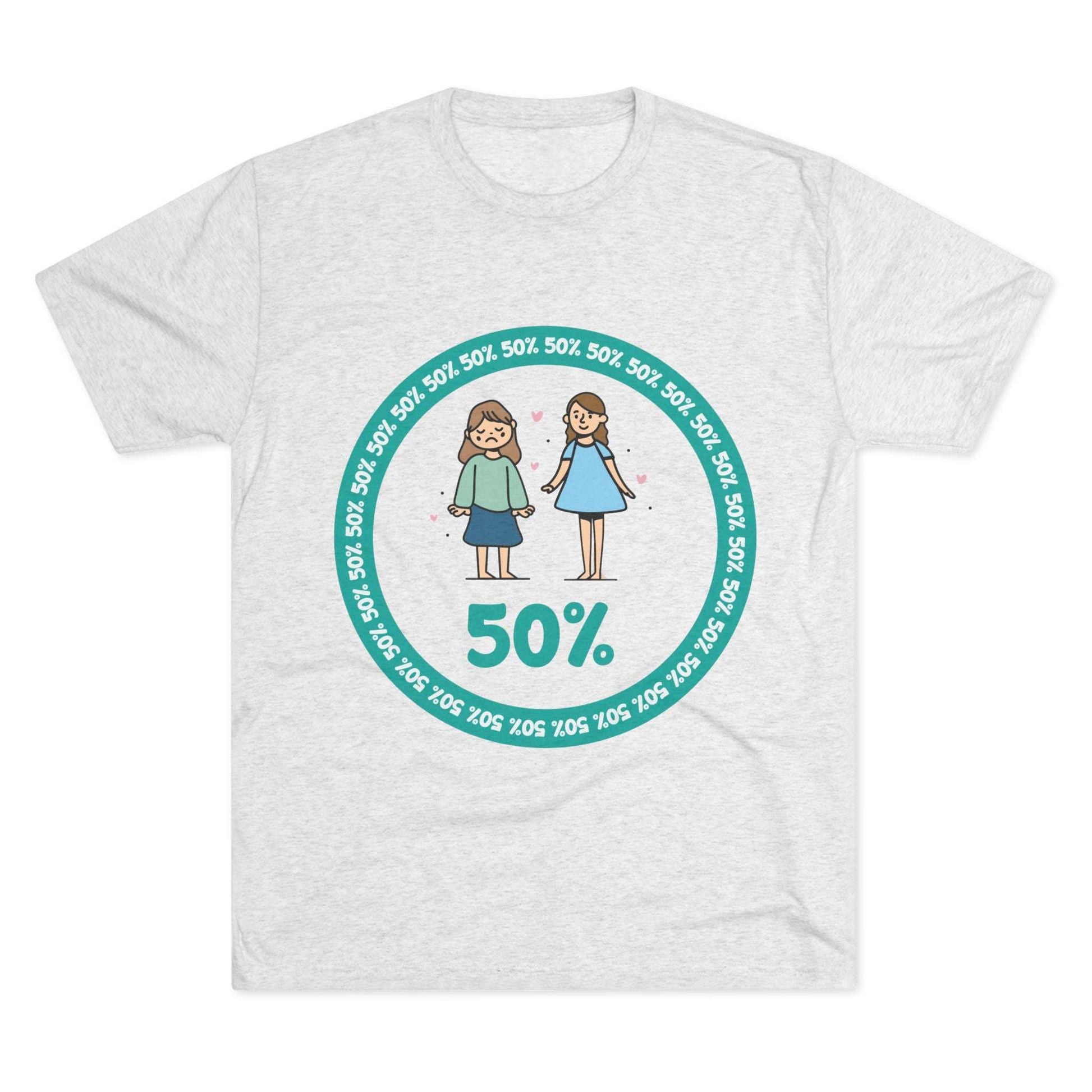 Original Girl Girl 50% Tri-Blend Tee — graphic t-shirt flat-lay, cartoon siblings inside teal 50% circle, repeating 50% pattern, bold 50% text, casual unisex style.