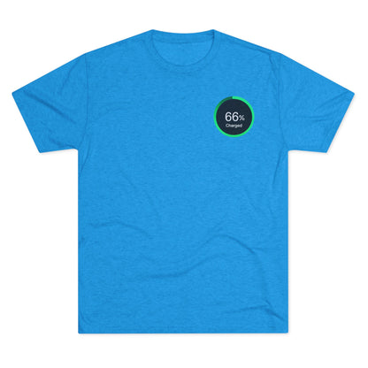 Retro 66% Charged Tri-Blend Tee, showing a vibrant green circular battery gauge reading “66% Charged”